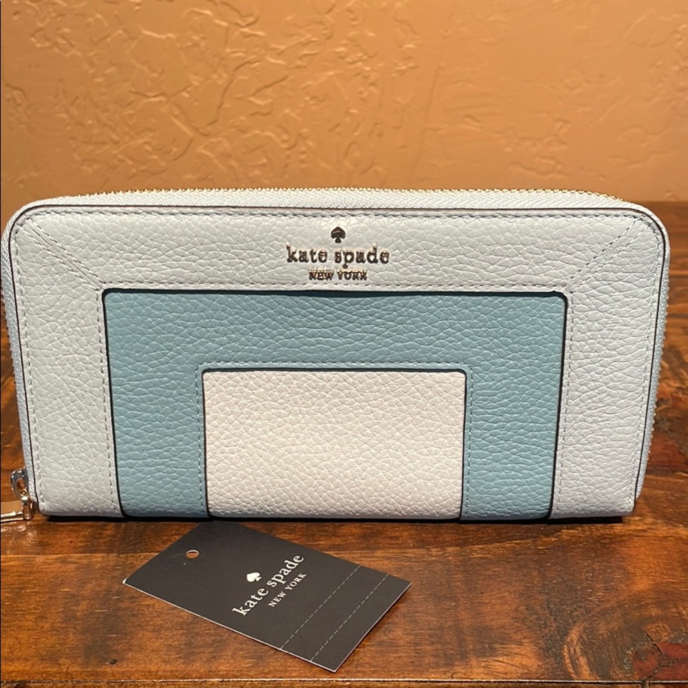 Kate Spade Lena NWT Multi Colorblock Blue Pebbled Leather Wallet MSRP $249